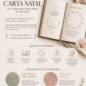 Infografía sobre el servicio de Carta Natal personalizada de Bruixa de Bosc, disponible para adultos y niños, con interpretación completa en formato libro digital